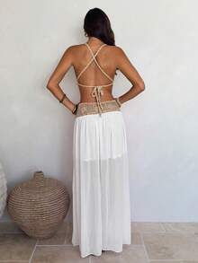 Aloruh 女款夏季度假波希米亞熱帶風鉤編兩件套，沙灘針織背心搭配大廓形喇叭裙，米白色套裝 - 白色 - 查看 2