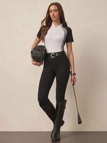 With My Calm With My Calm Women's Autumn/Winter Sports Equestrian Pants, Black Tight Regular Waist With Ear Loops, Side Pockets, Reflective Dots, Optimized Pattern, 9/10 Length, Suitable For Daily Casual, Running, Yoga, Gym, Tennis, Golf, Cycling, Horse Riding - Black - View 5