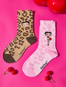 Betty Boop x SHEIN Miss Betty 女款中筒襪 2雙裝 - 混色 - 查看 2