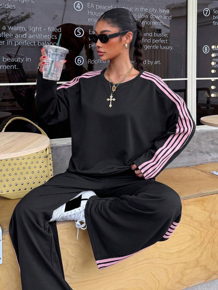 Muchica Ensemble 2 pièces décontracté pour femme avec top à col rond manches longues et pantalon blocs de couleurs pour un usage quotidien - Noir - Voir 1