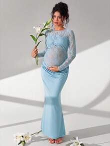 Cheriluna Maternity 純色蕾絲長袖長版抓皺魚尾下擺孕婦拍照套裝 - 淺藍色 - 查看 3