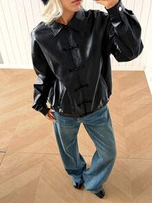 SHEIN EZwear Fashionable Versatile Black Frog Button PU Leather Jacket - Black - View 6