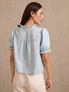 lacRébo Light Blue Floral Blouse With Ruffle Collar, Ruffled Short Sleeves And Front Button Opening - Blue - View 2