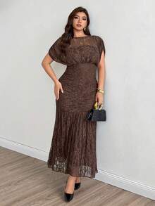 Modelyn Elegant Solid Color Lace Waist-Cinching Slim Fit Regular Spring/Summer Plus Size Dress - Coffee Brown - View 5
