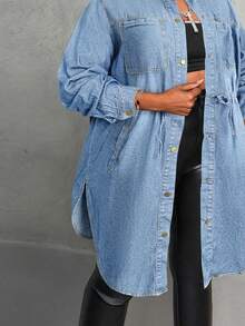 SHEIN EMERY ROSE CURVE Plus Size Casual Drawstring Waist Denim Jacket, Autumn - Light Wash - View 7