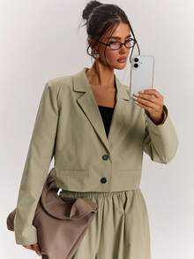 SHEIN BAE Blazer Kasual Wanita Lengan Panjang Kerah Berkerah Warna Polos dengan Kancing Tunggal - Khaki - View 5