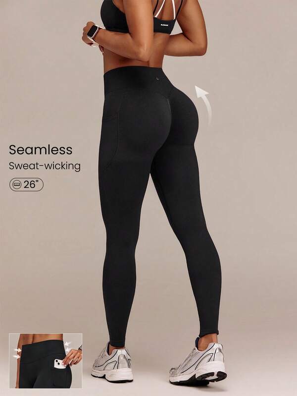 GLOWMODE Leggings activos de 26" ultrafinos y suaves sin costuras Move Your Way con control de abdomen, efecto scrunch en glúteos y bolsillos laterales para entrenamiento, ejercicio, gimnasio, fitness y uso diario