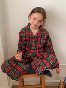 Dazy Kids Tween Girl Plaid Collared Single-Breasted Long Sleeve Top And Pants Loungewear Fall - Red - View 5