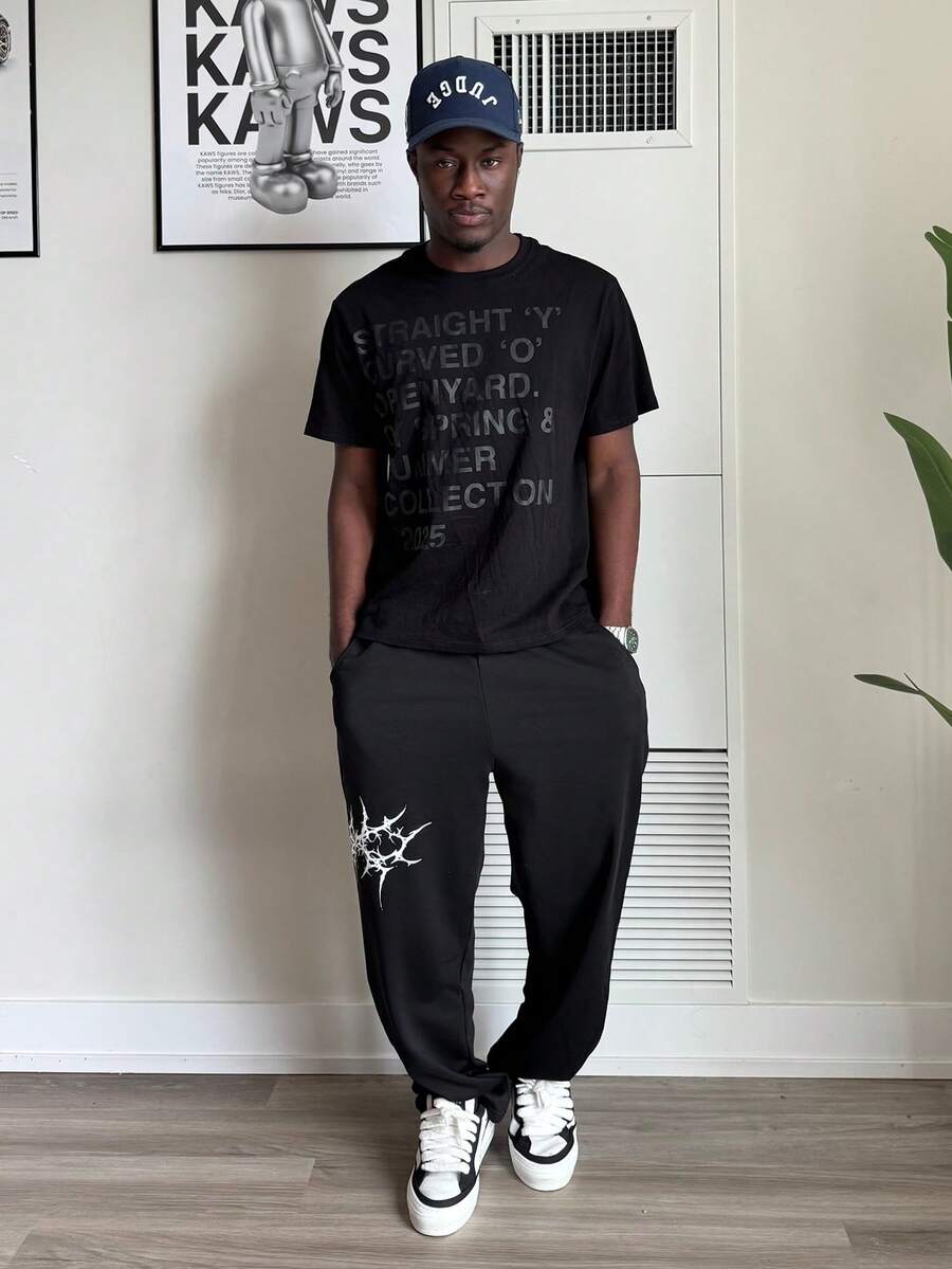 Harrin Don Harrin Don 1pc Casual Loose Fit Summer Wide Leg Sweatpants With Front & Back Graphic, Street Style - Black - View 1