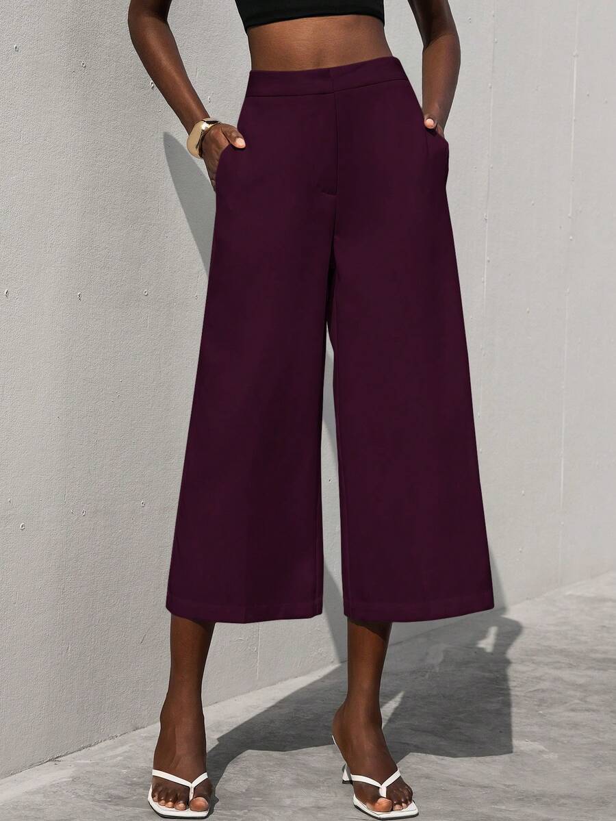 Aveloria Modichic Elegant Commuter Office Regular Waist Loose Front Pleated 7/8 Length Culottes For Women - Purple - View 1