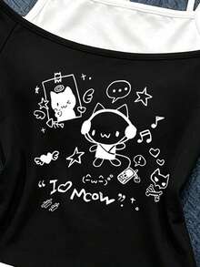 Girls' Creative Fresh Cute Rabbit & Cat Headphone Design Fun Letter Print 2 In 1 Off-Shoulder Spaghetti Strap Short Sleeve T-Shirt - Multicolor - View 5