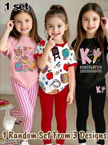 SHEIN 1 Set, 2 Pieces Sweet Back-To-School Style School Bus Print Cartoon Pencil Bow Short Sleeve Top And Pants Set, Randomly Sent 1 Set, Home And Outwear Set - Multicolor - View 1