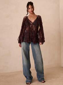 SHEIN Glamour 女士休闲街头咖啡色V领长袖衬衫 - 咖啡棕 - 查看 5