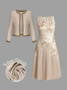 EMERY ROSE Elegant Khaki Knitted Round Neck Sleeveless Floral Midi Dress With Regular Sleeve Jacket Two Piece Set Spring/Summer Casual 2-Piece Set - Khaki - View 1