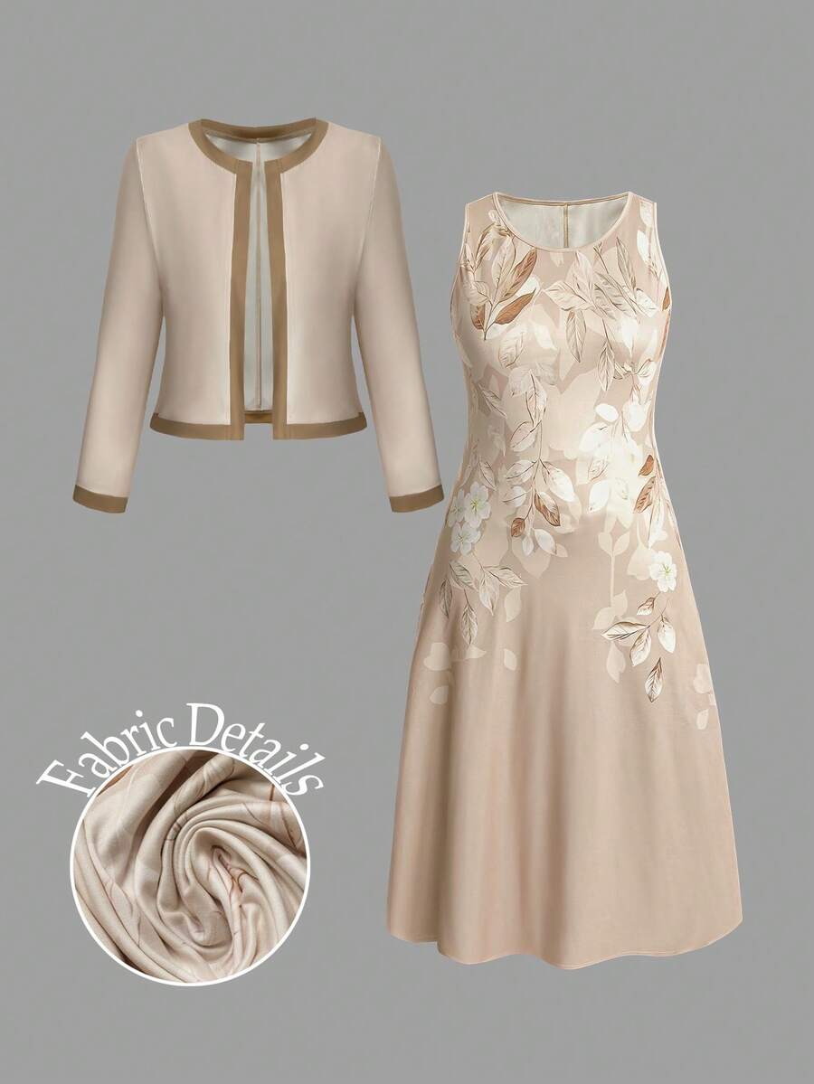 EMERY ROSE Elegant Khaki Knitted Round Neck Sleeveless Floral Midi Dress With Regular Sleeve Jacket Two Piece Set Spring/Summer Casual 2-Piece Set - Khaki - View 1