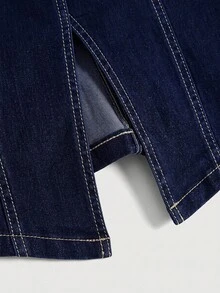 SHEIN MOD 女款金屬單排扣時尚牛仔背心上衣 外出穿搭 秋季穿搭 - 深色水洗藍 - 查看 4