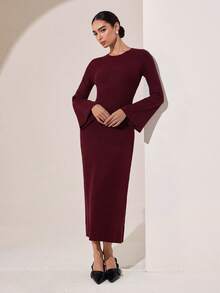 Graceveil Women's Round Neck Long Sleeve Slim Fit Flattering Autumn/Winter Sweater Dress - Burgundy - View 4