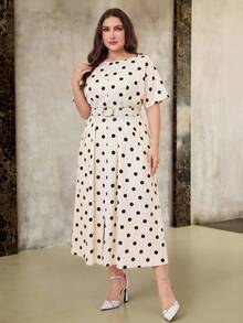 Modelyn Plus Size Women Black And White Pattern Round Neck Short Sleeve Pleated Design Elegant 70's Dress Tea Party Brunch Dinner Summer - Apricot - View 9