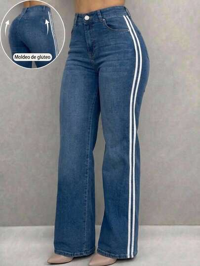 Mezclilla pantalon para mujer con strech,con 2 blanco lineas,hermoso ,estilo atletico.