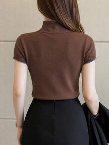 SHEIN Franclia Semi-High Neck Fitted Shell Embroidery Pullover Short Sleeve Knit Top - Coffee Brown - View 2