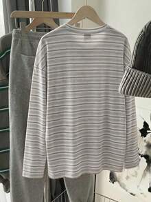 SHEIN EZwear 女款條紋拼接色塊休閒百搭日常長袖T恤 - 彩色 - 查看 8