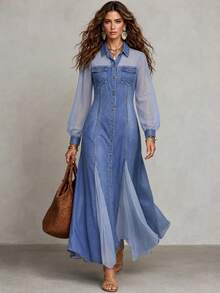 SHEIN Gaun Panjang Wanita Elegan dengan Kancing Depan - Biru - View 1