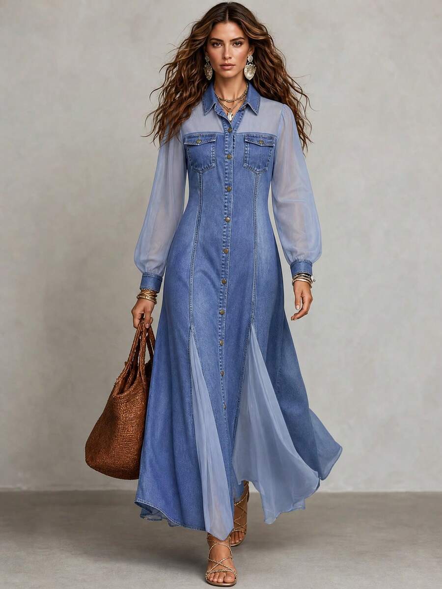 SHEIN Gaun Panjang Wanita Elegan dengan Kancing Depan - Biru - View 1