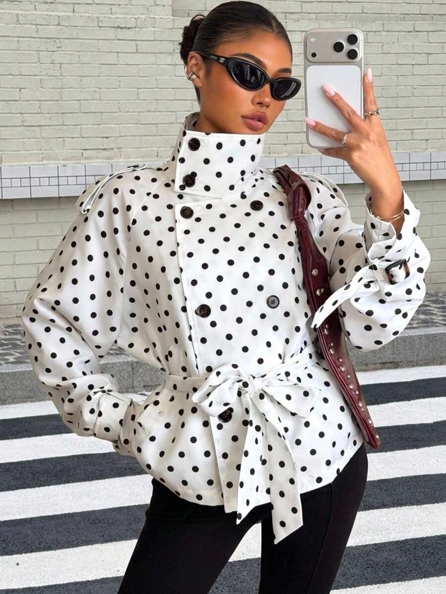 Muchica 女款秋季大衣,黑白波點高領雙排扣落肩長袖,商務日裝派對服飾,70年代復古優雅風 - 黑與白 - 查看 1