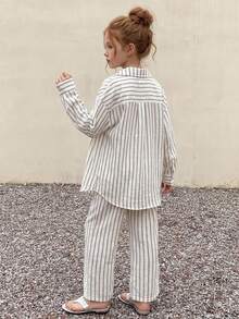 Hapijoa Tween Girl Vacation Casual Striped Shirt And Pants Set - White - View 2