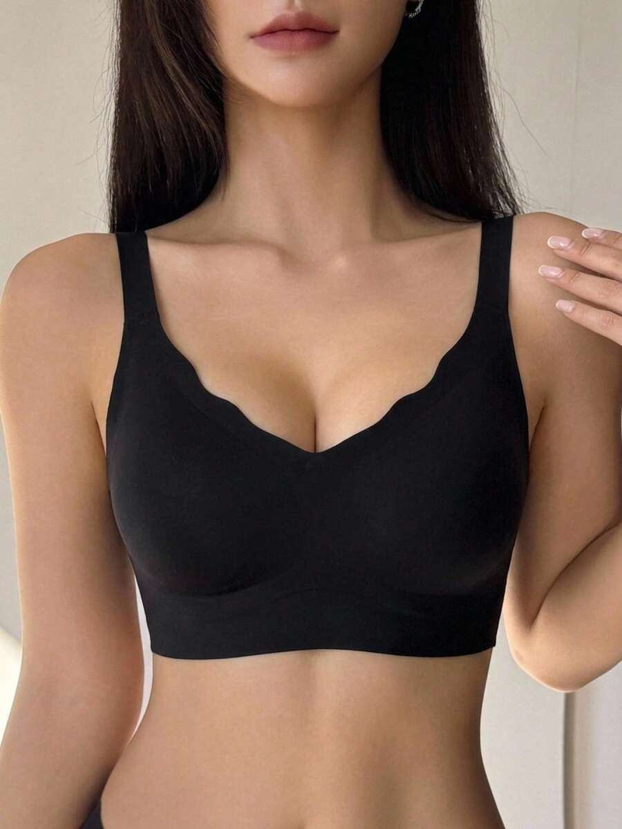 DAZY Solid Color Seamless Wavy Edge Adjustable Strap Padded Push-Up Bra For Women - Black - View 1
