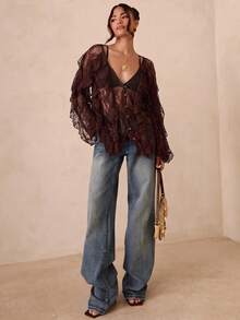 SHEIN Glamour 女士休闲街头咖啡色V领长袖衬衫 - 咖啡棕 - 查看 3