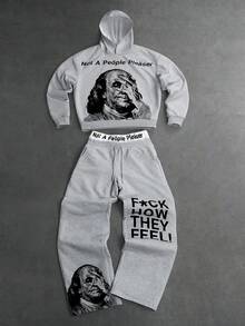 PAVTROS Men's Letter Pattern Hoodie And Sweatpants Casual Daily Outfit Set - Grey - View 1