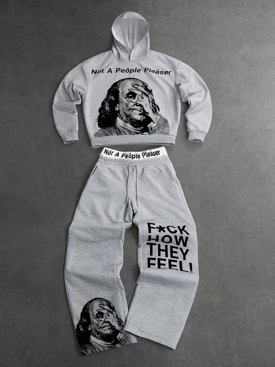PAVTROS Men's Letter Pattern Hoodie And Sweatpants Casual Daily Outfit Set - Grey - View 1
