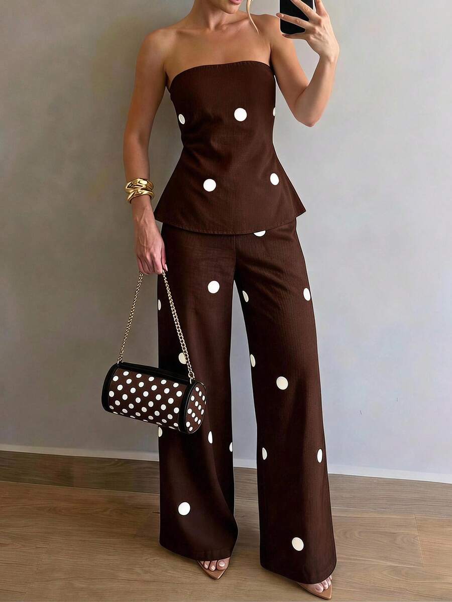 Firerie Setelan Atasan Bandeau dan Celana Panjang Wanita Musim Panas 2 Potong, Setelan Celana Panjang Motif Polkadot Minimalis Wanita - Coklat - View 1