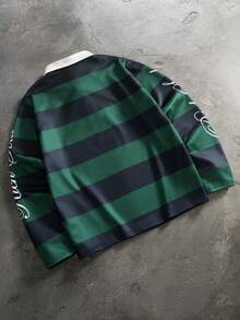 PAVTROS Camisa polo de hombre con bloques de color, rayas y estampado de letras - Verde Oscuro - Ver 2