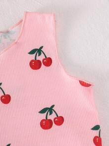 SHEIN Elladie kids 6件組女嬰幼兒0-3歲休閒日常基本度假款柔軟針織無袖上衣T恤與短褲套裝，亮桃紅色3色夏季套裝 - 彩色 - 查看 7