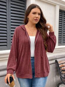 SHEIN LUNE Sudadera con capucha de hombros caídos y cordón para tallas grandes, atuendo de viaje para primavera y otoño, aeropuerto - Color caoba - Ver 5