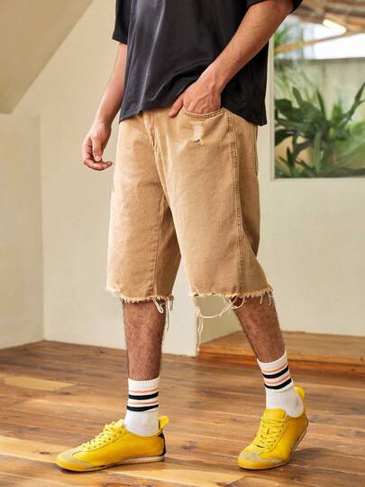 Whitmere Men's Ripped Denim Shorts, Korean Style Loose Fit Casual Knee-Length Jeans Shorts