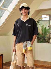 Whitmere Men's Patchwork Vintage Pattern T-Shirt With Special Character Print, Suitable For Daily Wear - Black - View 6