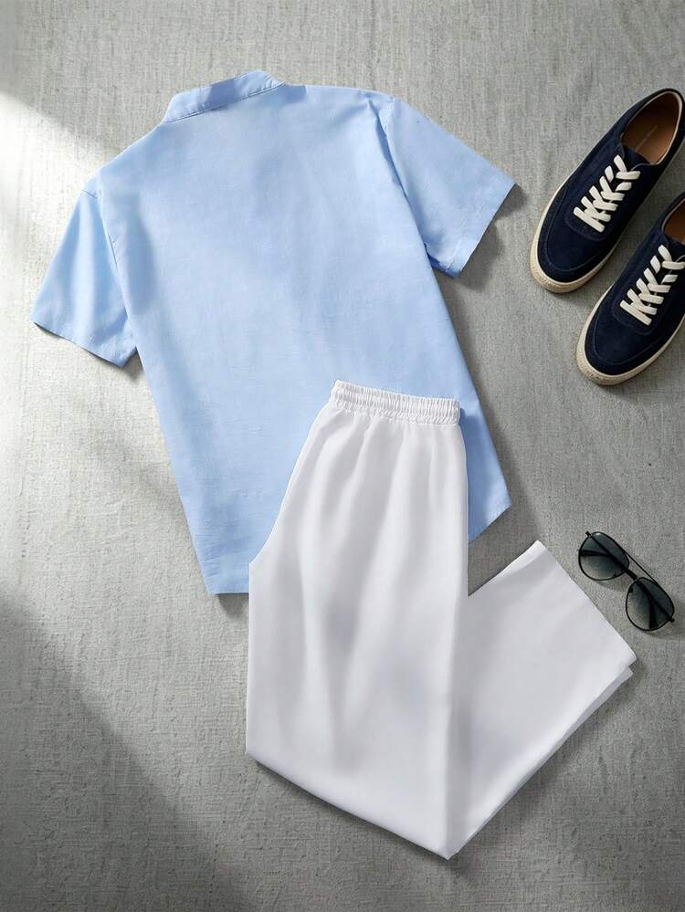 Manfinity Homme Men's Traceable Skin-Friendly Soft Bamboo Cotton Stand Collar Shirt And Pants Set - Blue - View 2