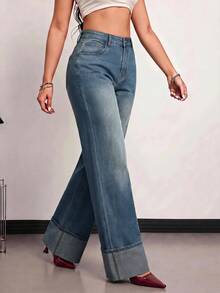 SHEIN PETITE 女款時尚百搭鈕扣口袋街頭牛仔長褲 秋季 - 中等水洗藍 - 查看 7