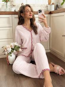 Snug Reverie Women's Autumn/Winter Plush Embroidered Lace Trim Double Pocket Open Front Long Sleeve Pants Pajama Set - Pink - View 1
