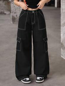 SHEIN Girlism 少女Y2K撞色拼接黑色宽松阔腿牛仔裤，夏季波西米亚风口袋阔腿牛仔裤，夏季学院风休闲装 - 黑色 - 查看 3