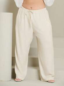 Lele Munniz Plus Size Women Apricot Drawstring Waist Wide Leg Casual Pants Summer Pants,Business Casual Woman - Apricot - View 4