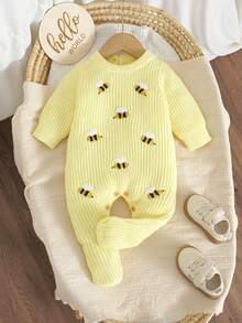 SHEIN Baby Girls' & Boys' Bee Embroidered Knit Romper, Soft Ribbed , Long Sleeve Cozy One-Piece For Newborns & Infants, Soft Comfortable - Yellow - View 1