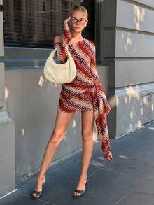 Siren Gaze 女款不對稱領拼接撞色金屬裝飾休閒日常夏季迷你洋裝 - 彩色 - 查看 4