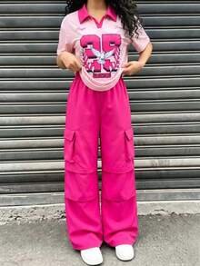 SHEIN 女童兩件套，彈性針織運動休閒印花拼色 Polo 領短袖落肩 T 恤搭配梭織直筒工裝褲，寬鬆版型，適合日常穿著、度假、返校與運動 - 玫紅色 - 查看 3