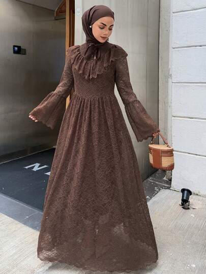 DAZY Autumn New Elegant Stand Collar Tie-Neck Ruffle Long Sleeve Flare Cuff High Waist Lace 's Dress