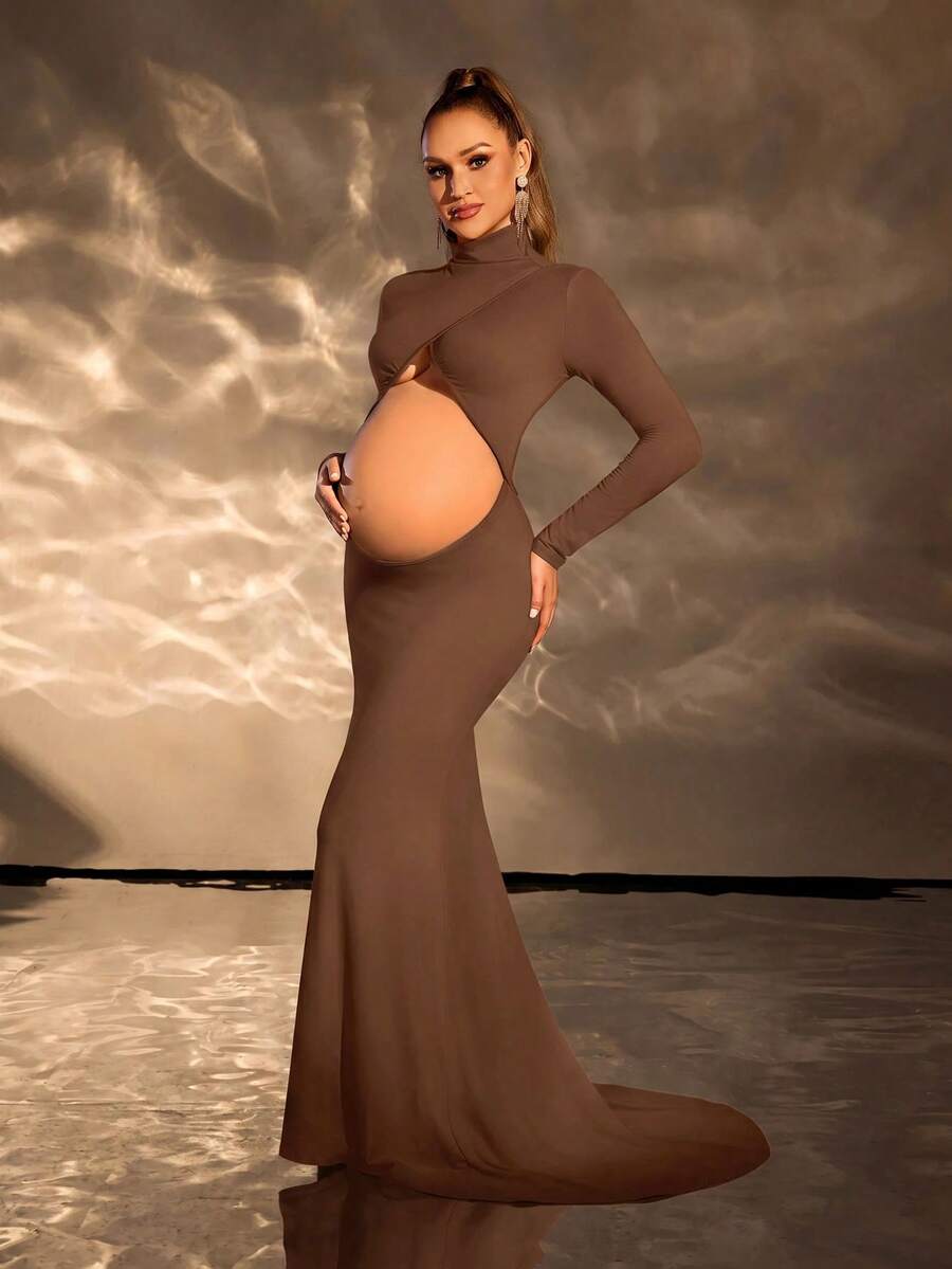 Cheriluna Maternity 孕婦純色優雅長袖鏤空魚尾下擺洋裝,適合攝影拍照,夏季穿著 - 棕色 - 查看 1