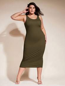 SHEIN BASICS 大尺碼純色修身休閒晚餐約會洋裝 夏季女款優雅洋裝 - 軍綠色 - 查看 7